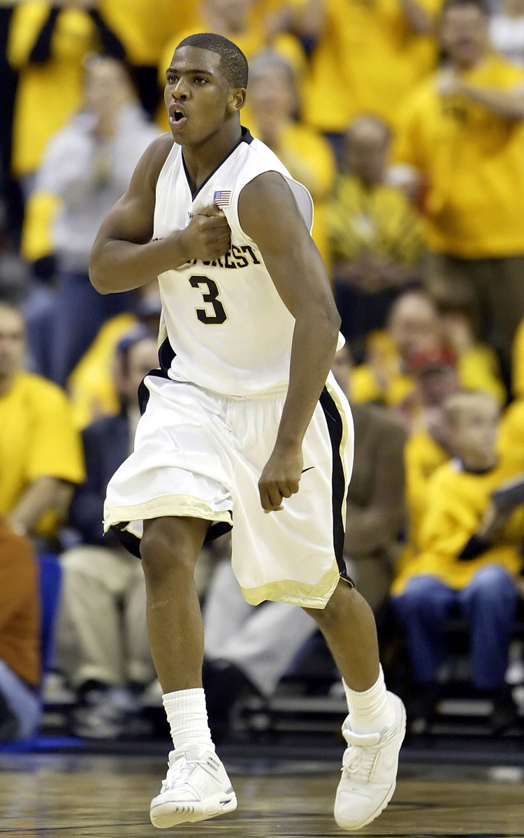 Wake Forest's Chris Paul (3) reacts after a basket in the second half of Wake Forest's 89-88 win over Texas in Winston-Salem, N.C., Saturday Dec. 18, 2004. Paul had 23 points, 12 assists and four steals.(AP Photo/Chuck Burton)